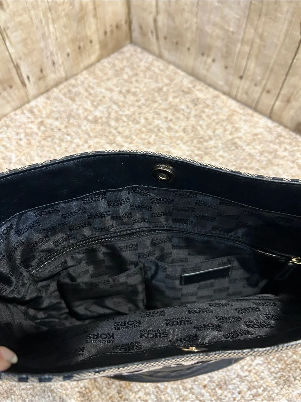 Michael Kors Black & Beige MK Logo Bucket Shoulder Bag Gold Hardware